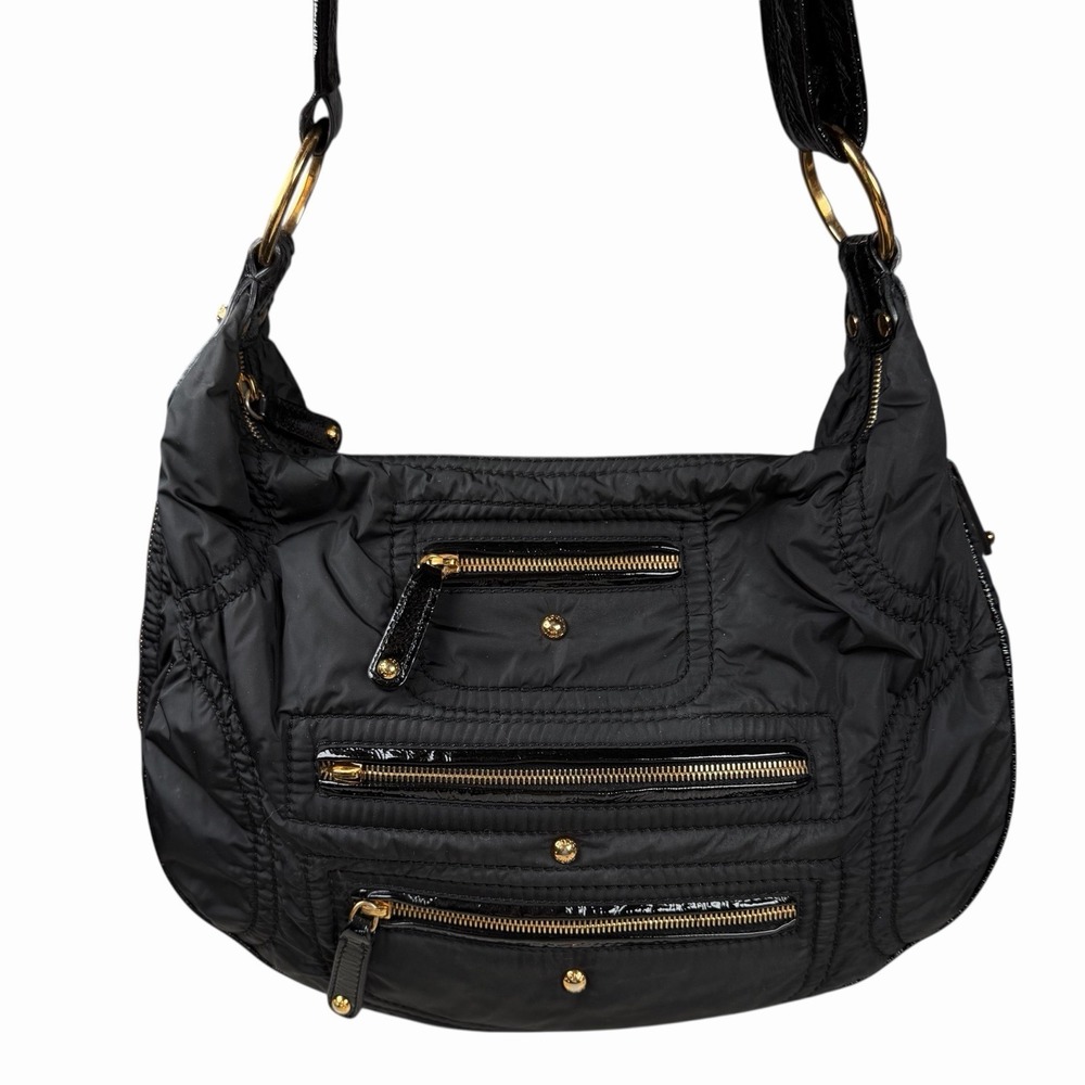 Tod's Tods Pashmy‎ Luna Black Nylon & Patent Leather Hobo w Zipper Detail